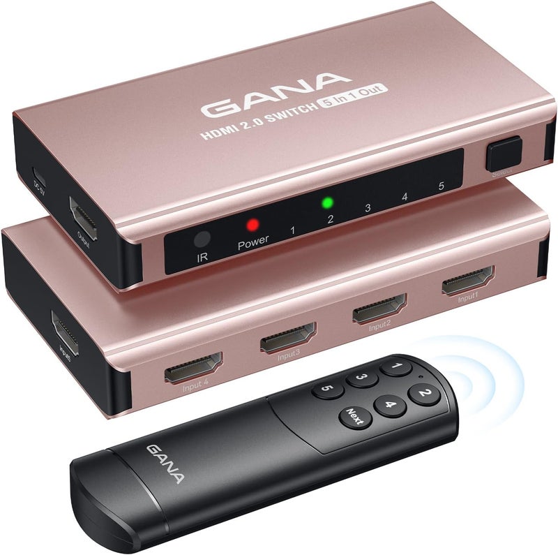 GANA HDMI Switch 5 in 1 Out 4K@60Hz, HDMI Splitter Switcher with Remote, Aluminum HDMI 2.0 Switch Box Hub for 3D, HDCP2.2, HDR, Compatible with Xbox, PS5/4/3,Fire Stick,Roku,Blu-Ray Player, Rose - Image 1